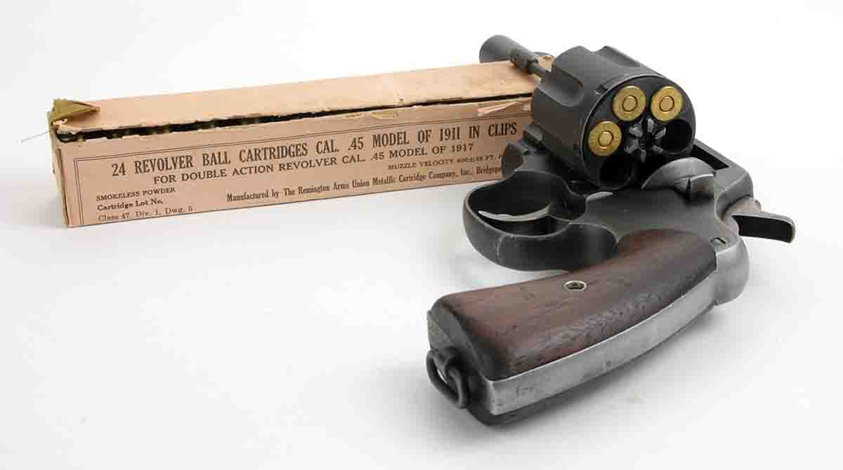 Military ammunition for U.S. Model 1917 .45 Auto revolvers was issued  prepackaged in the half-moon clips.